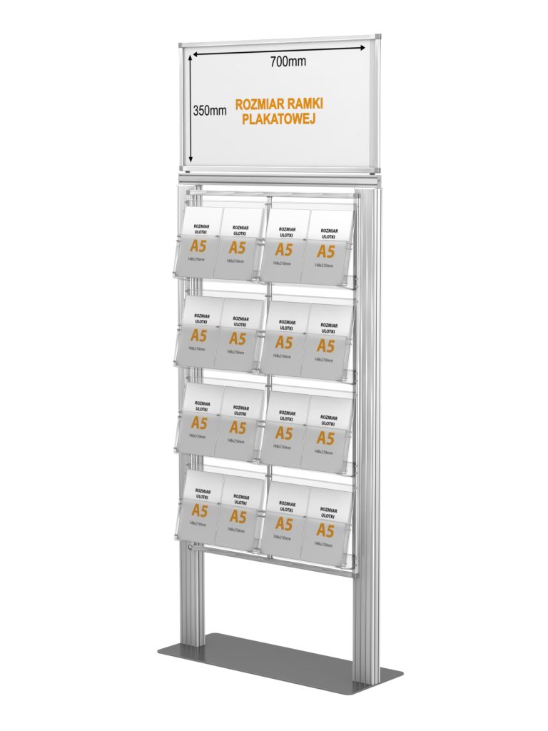 Stojak na ulotki z 8 kieszeniami na ulotki A4 A5 i DL oraz Logo na górze
