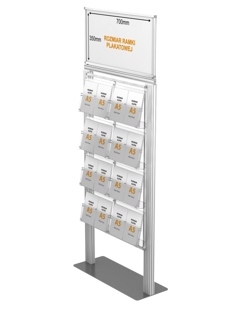 Stojak na ulotki z 8 kieszeniami na ulotki A4 A5 i DL oraz Logo na górze