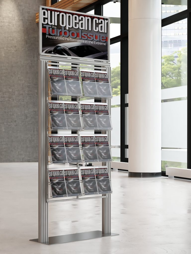 Stojak na ulotki z 8 kieszeniami na ulotki A4 A5 i DL oraz Logo na górze