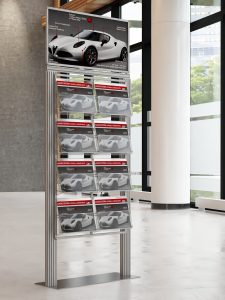 Stojak na ulotki z 8 kieszeniami na ulotki A4 A5 i DL oraz Logo na górze