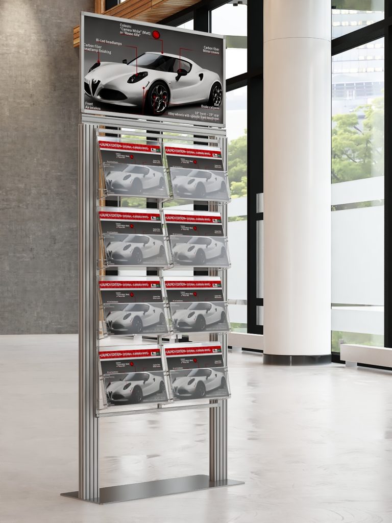 Stojak na ulotki z 8 kieszeniami na ulotki A4 A5 i DL oraz Logo na górze