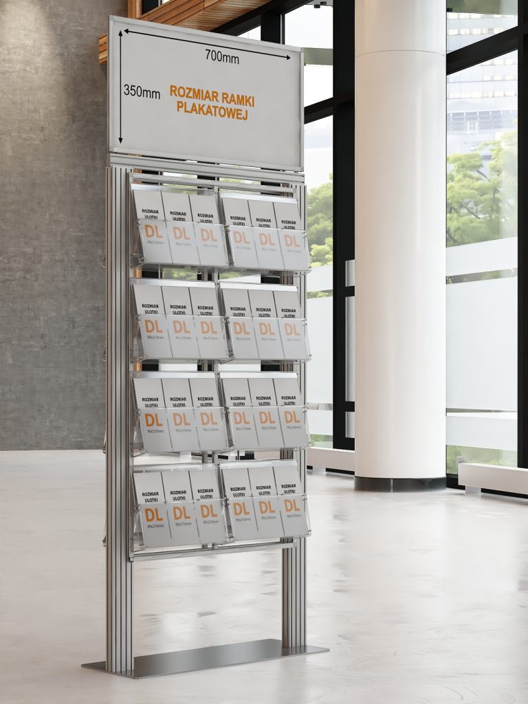 Stojak na ulotki z 8 kieszeniami na ulotki A4 A5 i DL oraz Logo na górze