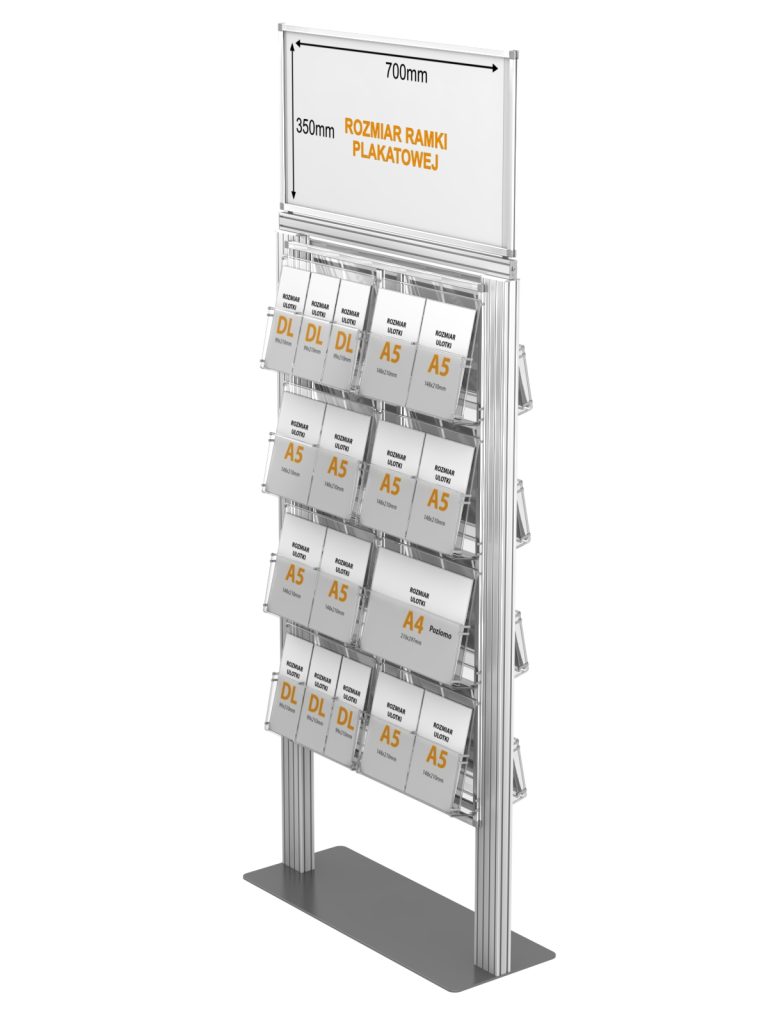 Stojak na ulotki z 8 kieszeniami na ulotki A4 A5 i DL oraz Logo na górze
