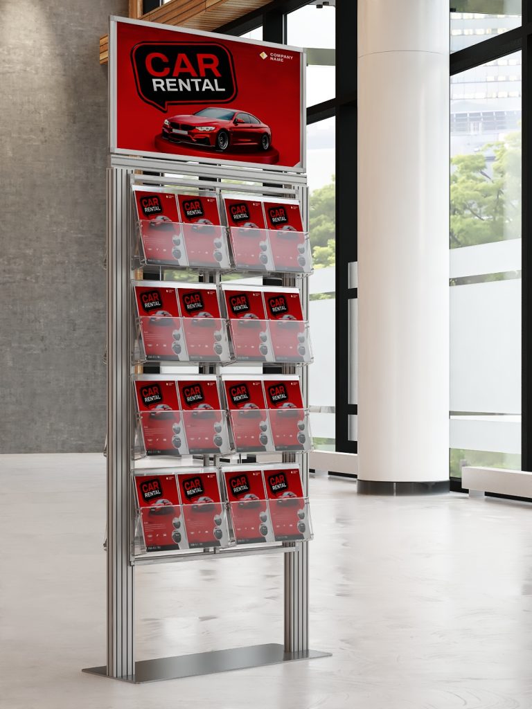 Stojak na ulotki z 8 kieszeniami na ulotki A4 A5 i DL oraz Logo na górze