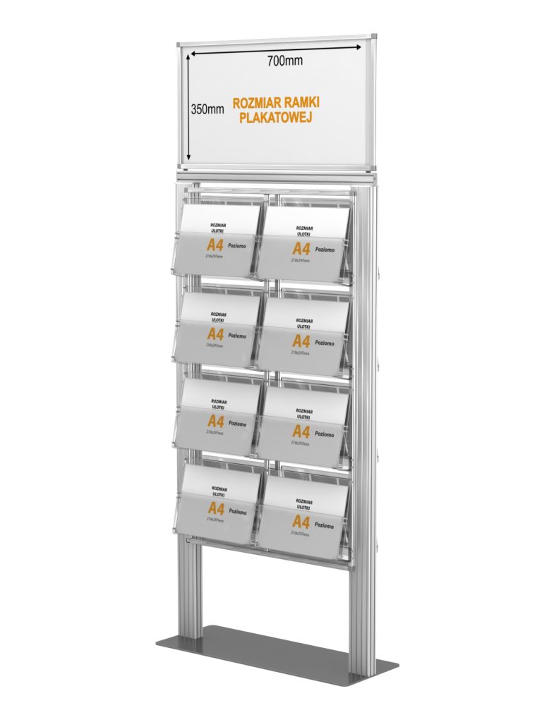 Stojak na ulotki z 8 kieszeniami na ulotki A4 A5 i DL oraz Logo na górze