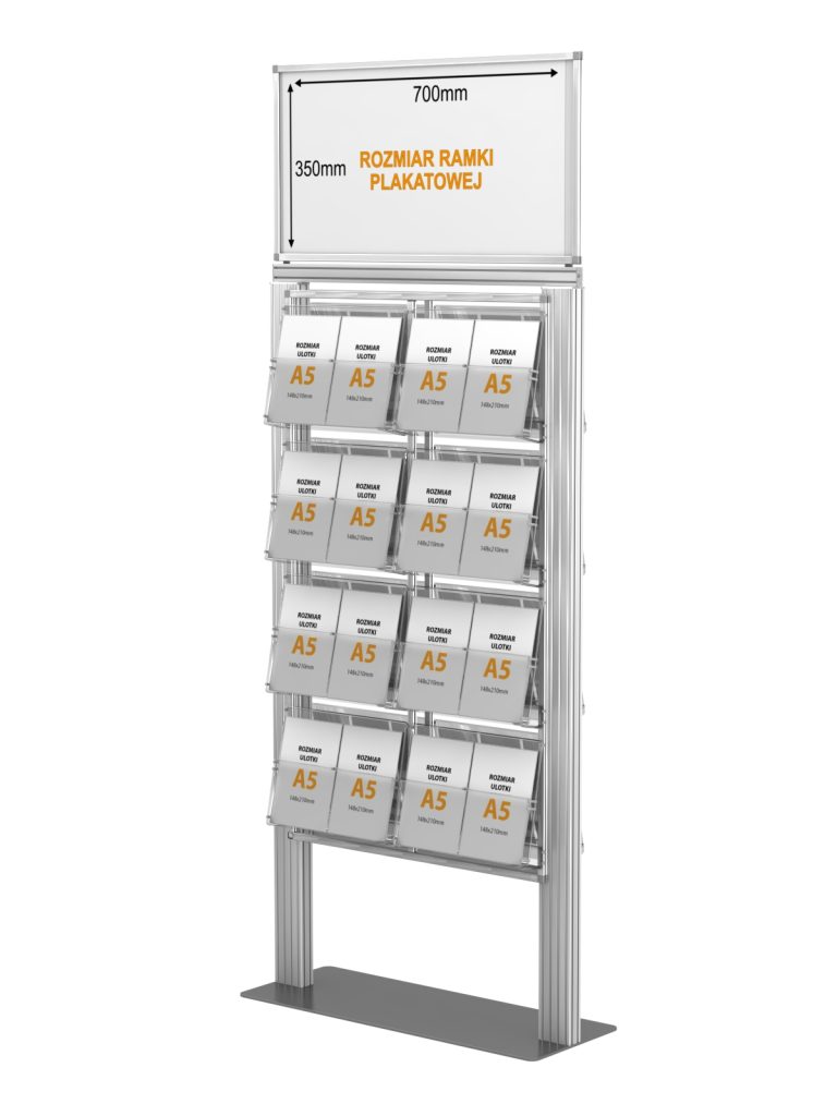 Stojak na ulotki z 8 kieszeniami na ulotki A4 A5 i DL oraz Logo na górze