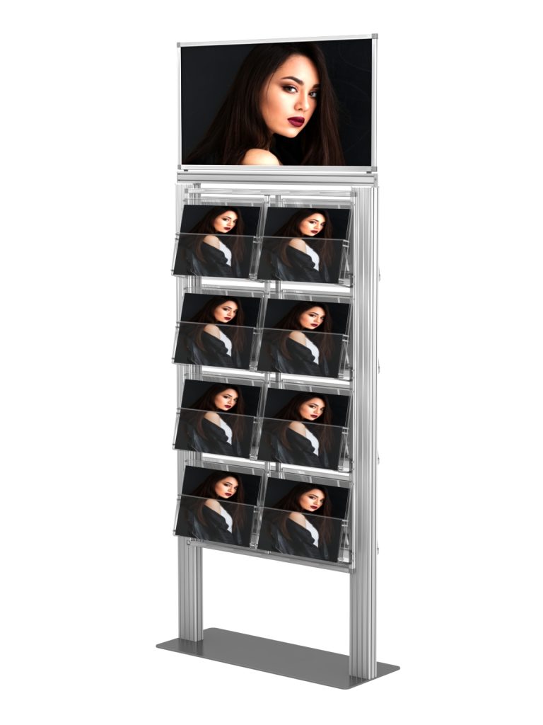 Stojak na ulotki z 8 kieszeniami na ulotki A4 A5 i DL oraz Logo na górze