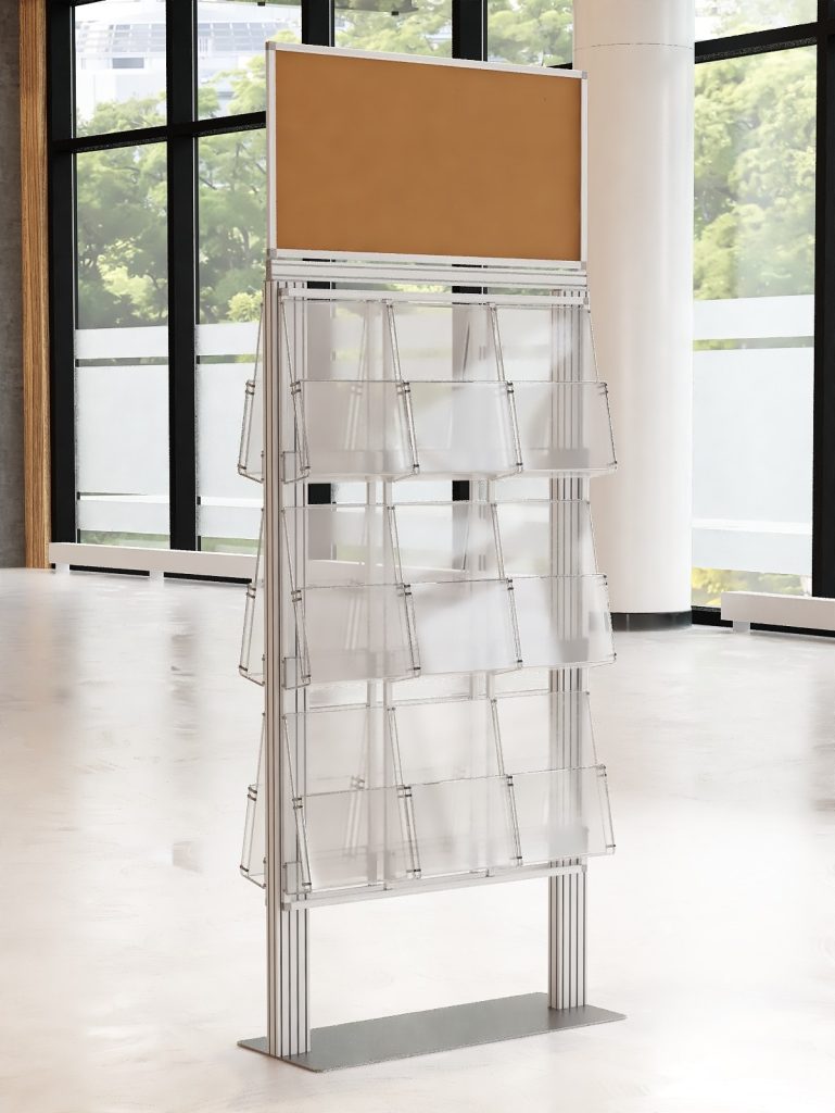 Ekspozytor 18 kieszeni na ulotki A4 210x297mm z ramką plakatową na metalowej podstawie 4mm