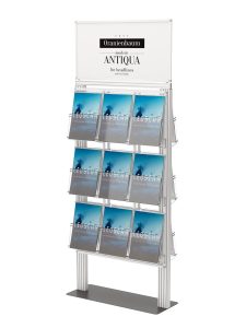 Ekspozytor 18 kieszeni na ulotki A4 210x297mm z ramką plakatową na metalowej podstawie 4mm