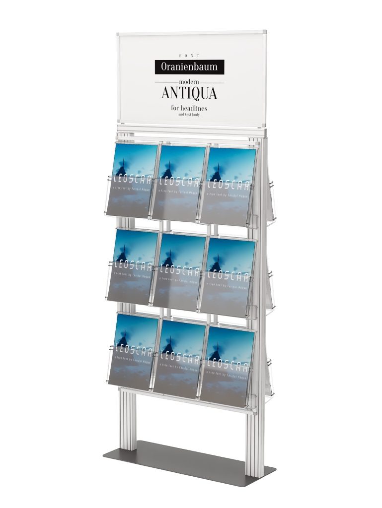 Ekspozytor 18 kieszeni na ulotki A4 210x297mm z ramką plakatową na metalowej podstawie 4mm