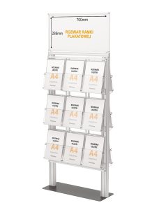 Ekspozytor 18 kieszeni na ulotki A4 210x297mm z ramką plakatową na metalowej podstawie 4mm
