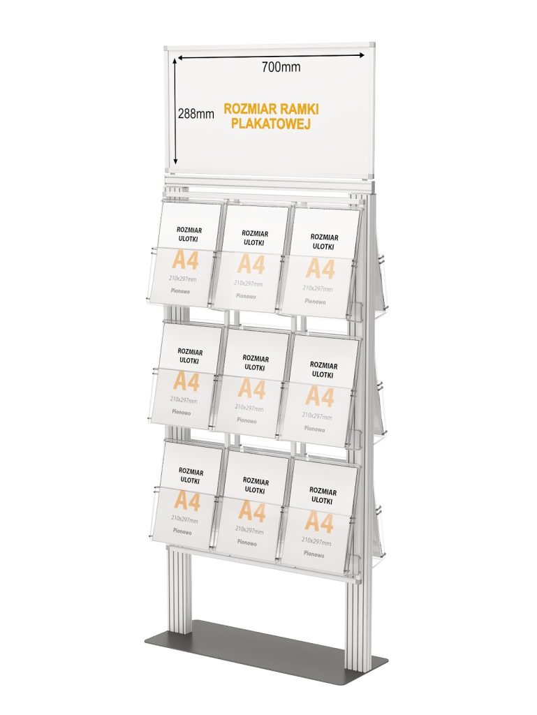 Ekspozytor 18 kieszeni na ulotki A4 210x297mm z ramką plakatową na metalowej podstawie 4mm