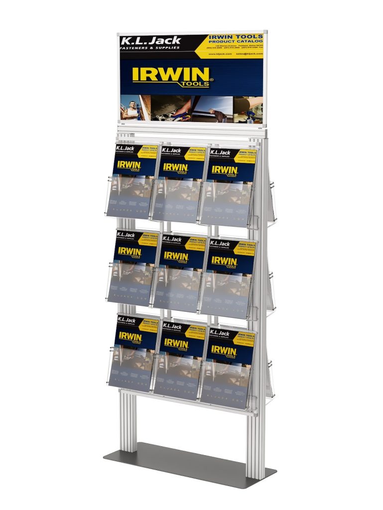 Ekspozytor 18 kieszeni na ulotki A4 210x297mm z ramką plakatową na metalowej podstawie 4mm