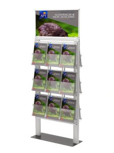 Ekspozytor 18 kieszeni na ulotki A4 210x297mm z ramką plakatową na metalowej podstawie 4mm