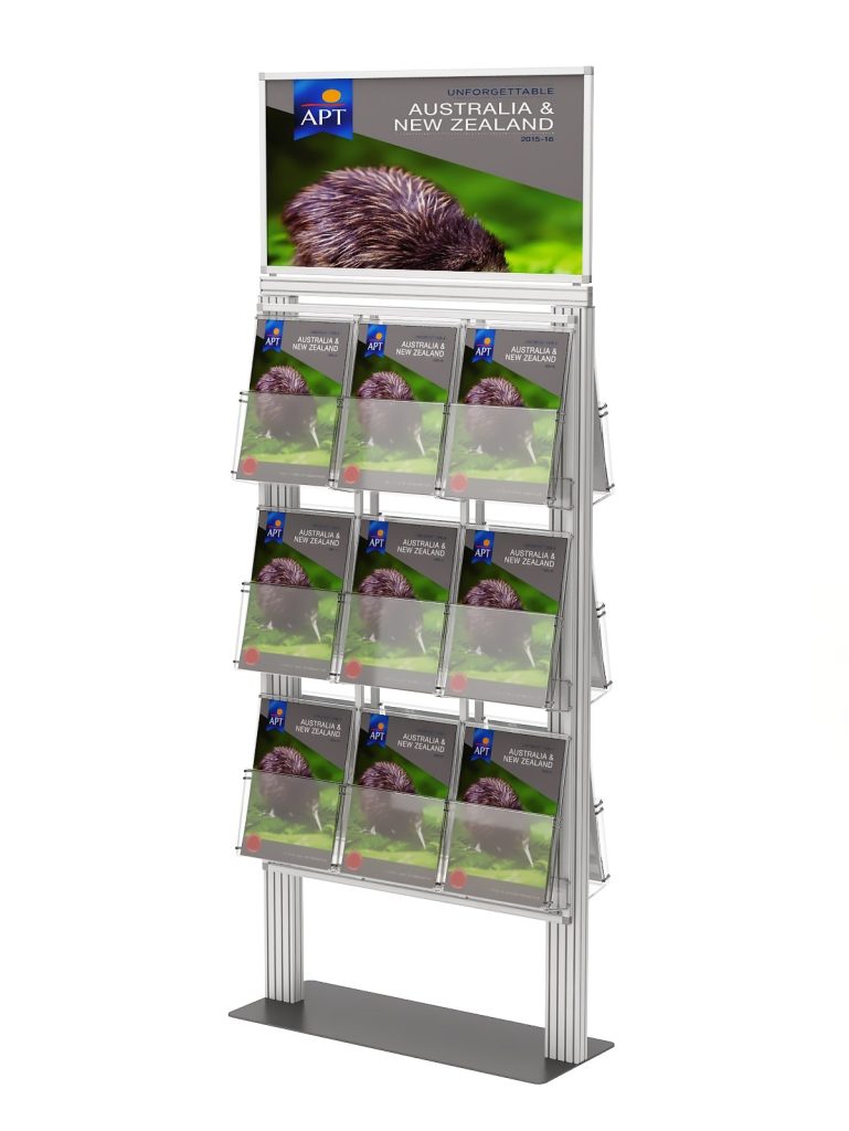 Ekspozytor 18 kieszeni na ulotki A4 210x297mm z ramką plakatową na metalowej podstawie 4mm