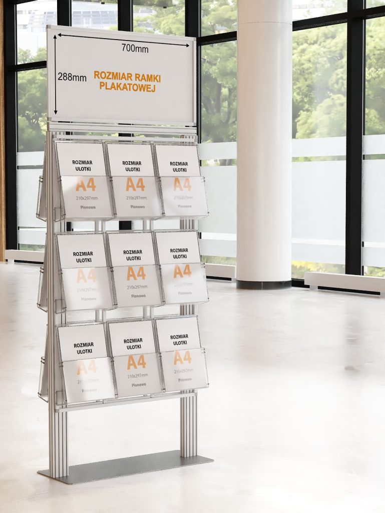 Ekspozytor 18 kieszeni na ulotki A4 210x297mm z ramką plakatową na metalowej podstawie 4mm