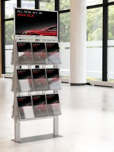 Ekspozytor 18 kieszeni na ulotki A4 210x297mm z ramką plakatową na metalowej podstawie 4mm