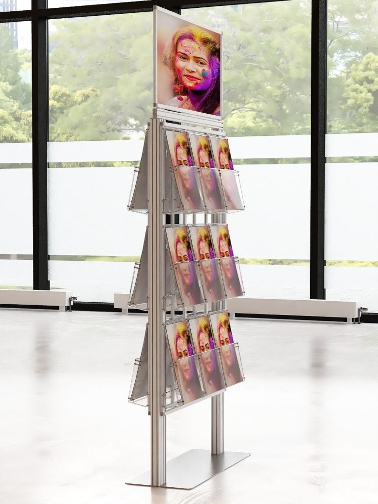 Ekspozytor 18 kieszeni na ulotki A4 210x297mm z ramką plakatową na metalowej podstawie 4mm