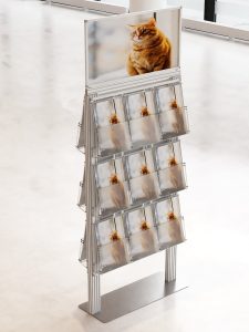 Ekspozytor 18 kieszeni na ulotki A4 210x297mm z ramką plakatową na metalowej podstawie 4mm