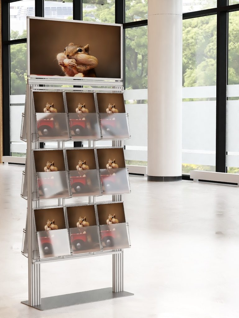 Ekspozytor 18 kieszeni na ulotki A4 210x297mm z ramką plakatową