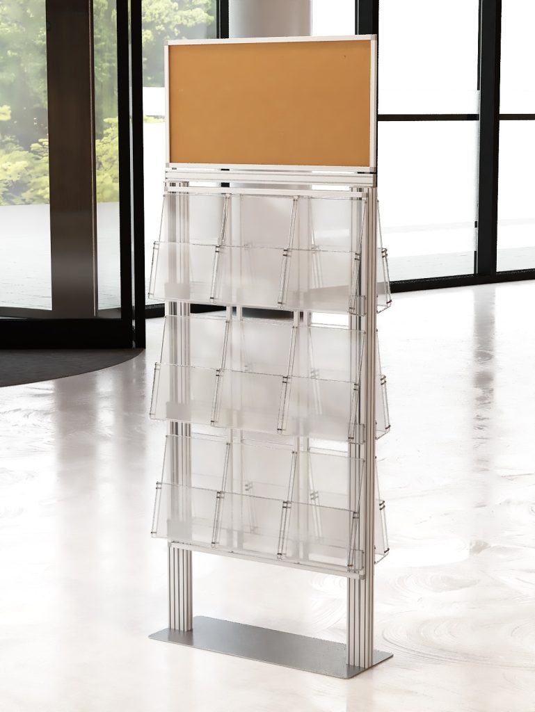 Ekspozytor 18 kieszeni na ulotki A4 210x297mm z ramką plakatową na metalowej podstawie 4mm