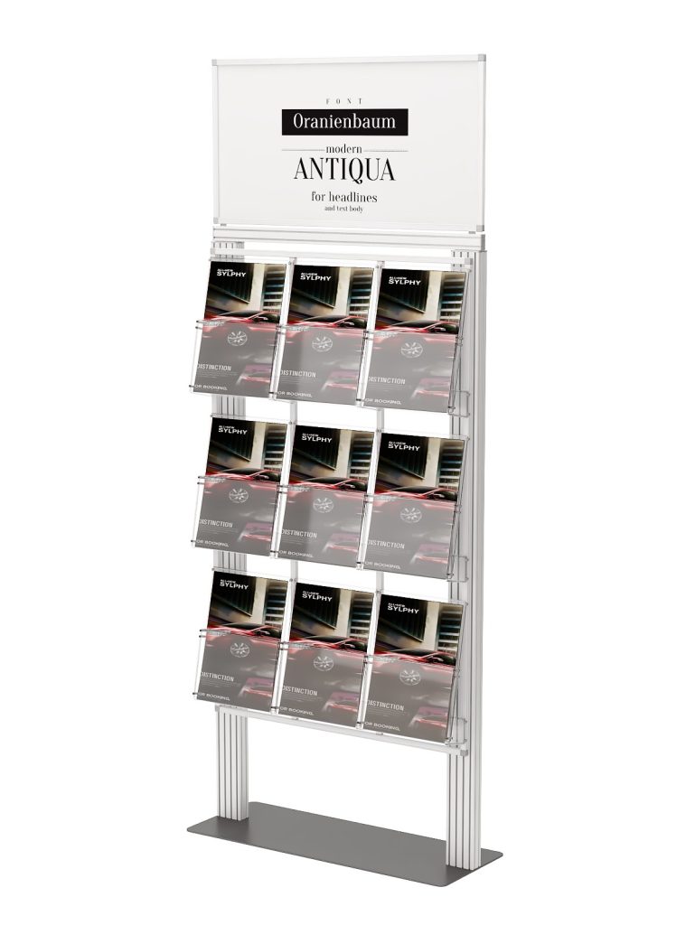 Ekspozytor 9 kieszeni na ulotki A4 210x297mm z ramką plakatową