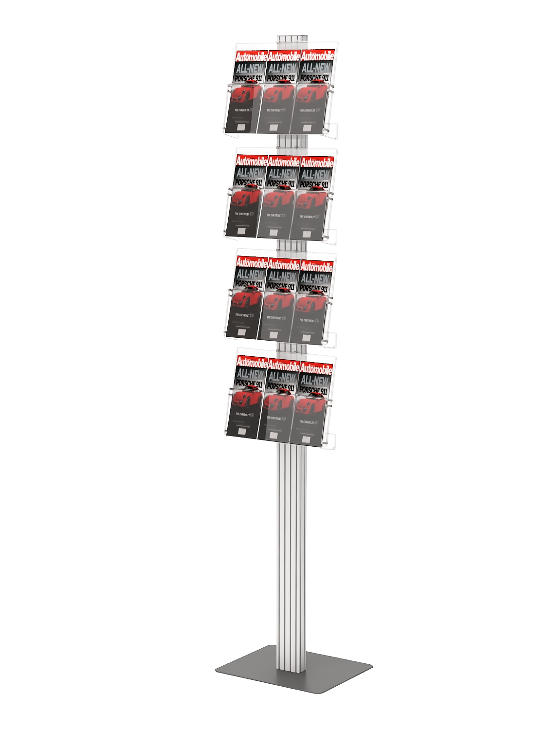 Ekspozytor stojak na ulotki A4 A5 i DL z 4 kieszeniami na podstawie metalowej