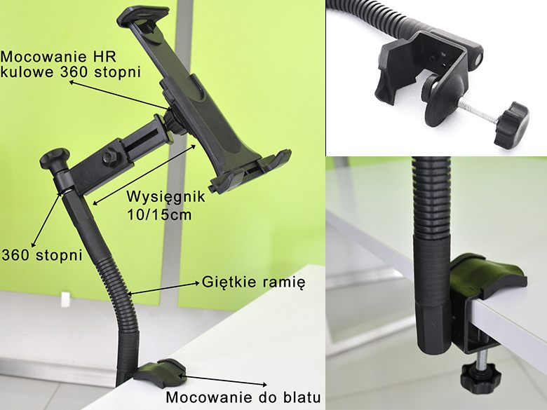 Uchwyt teleskopowy na tablet 7" 10,1" z giętkim ramieniem 20-200cm