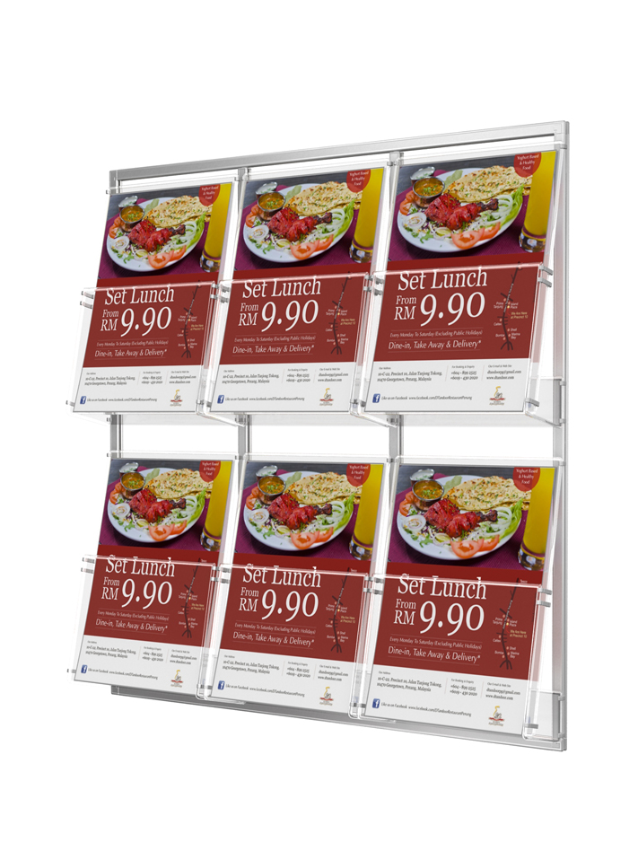 Prezenter na ramce do powieszenia na ścianę 6 kieszenie A4