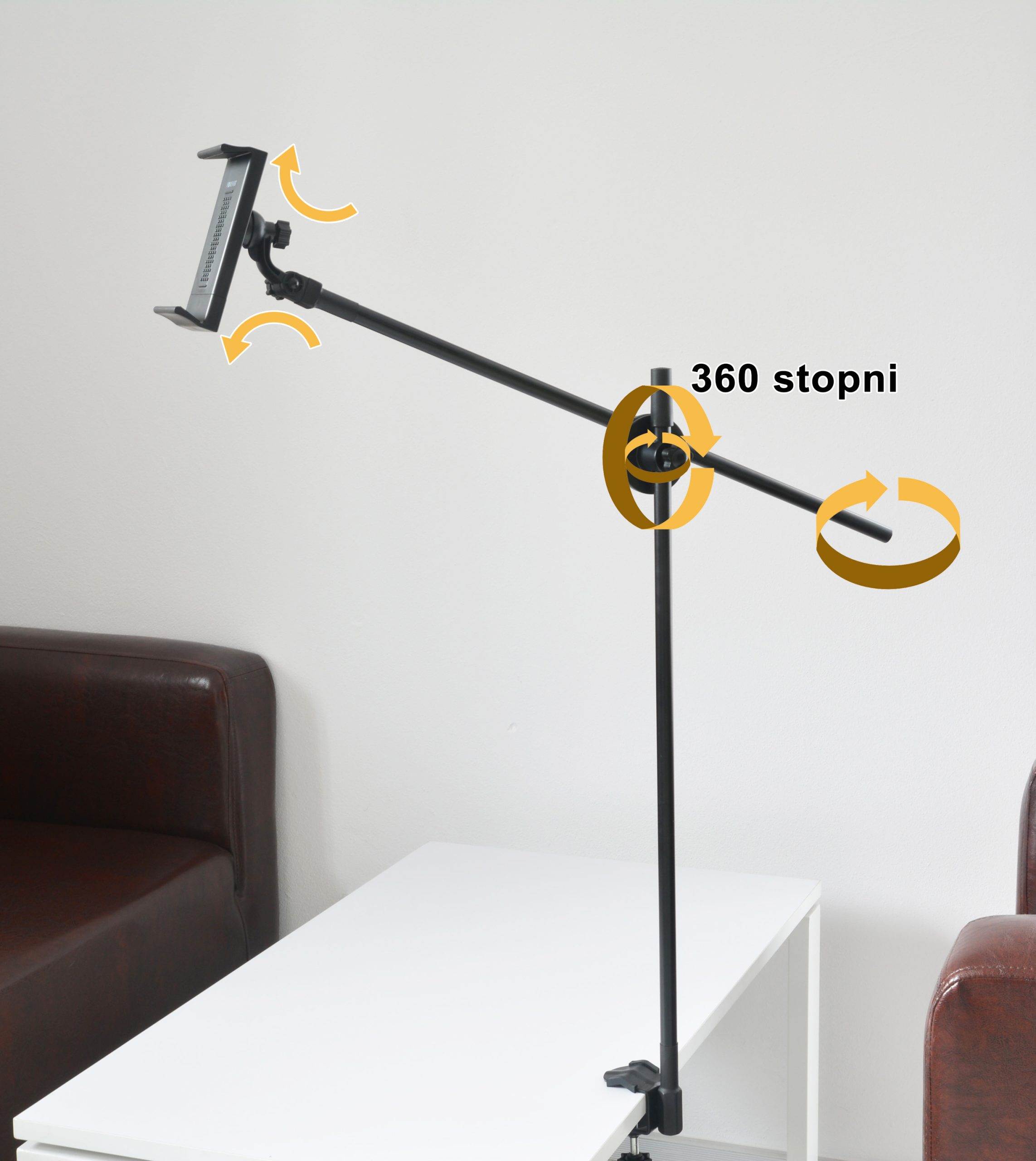 Uchwyt na tablet mocowany do biurka z systemem HR obracany w każdej osi z głowicą do tabletu